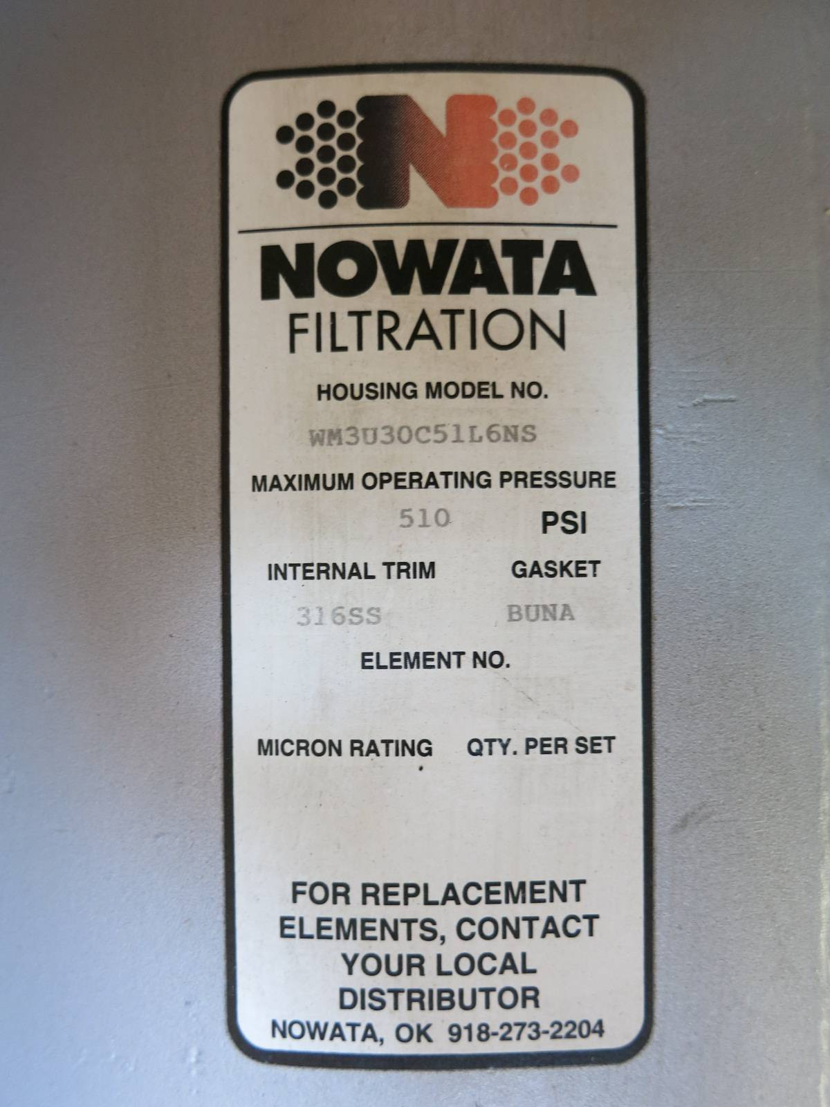 Nowata Filter WM3U30C51L6NS Filter Pot Bank Bag Vessel 316 SS Strainer